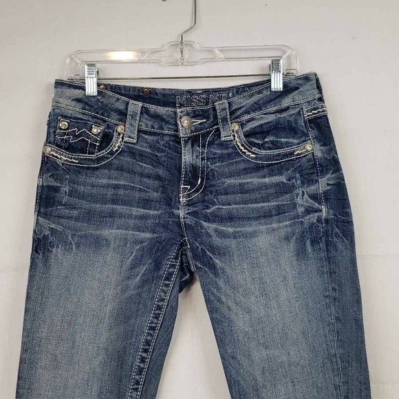 Miss Me Womens Easy Cropped Straight Leg Jeans Blue Thick Stitch Embellished 27 - Picture 7 of 13